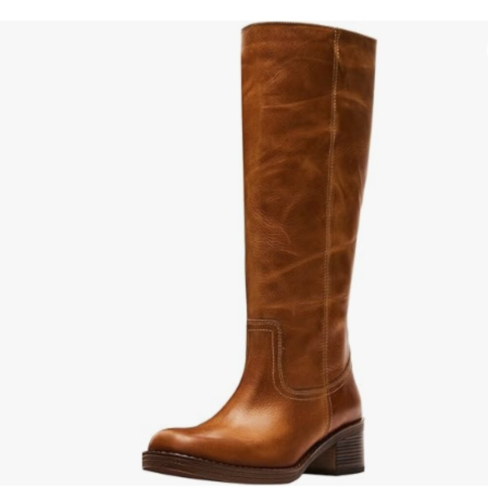 FOWT Women Platform Round Toe Calf High Boots Chunky Low Heel Riding Boots Brown